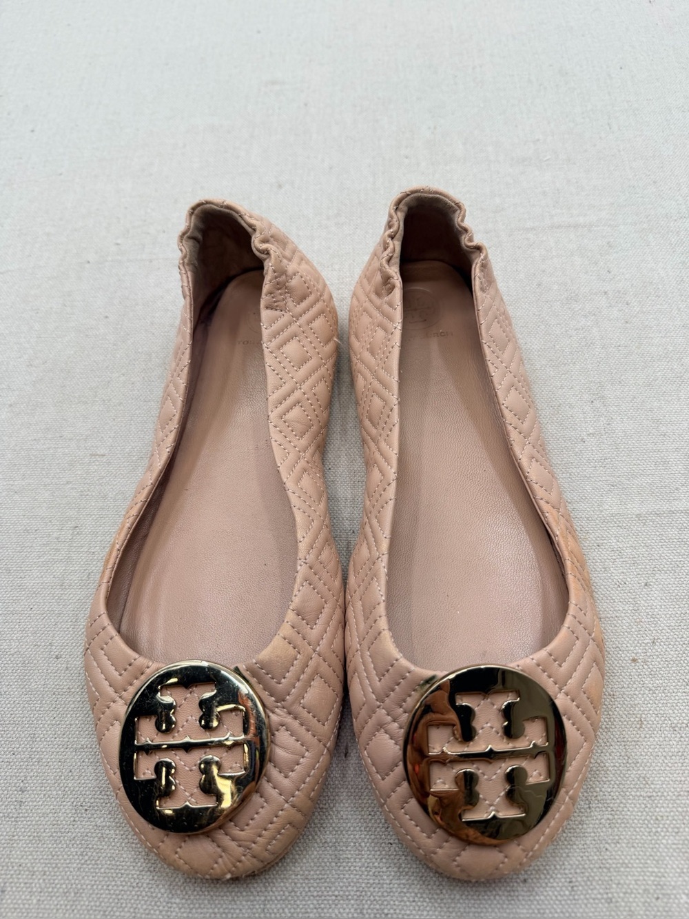 Tory Burch Quilted Nude Ballet Flats with Gold Emblem